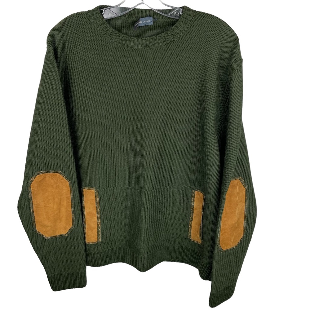 Roberto Collina Italy Mens 100% Merino Wool Sweater Soft Suede Elbows/Pocket